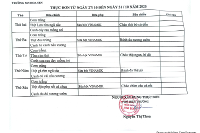 Bảng thực đơn ăn bán trú từ ngày 6/10/2025 đến ngày 31/10/2025