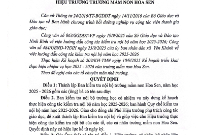 Quyết định về việc thành lập Ban kiểm tra nội bộ trường mầm non Hoa Sen