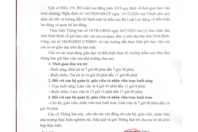 Thông báo giờ làm việc của trường mầm non Hoa Sen xã Yên Khánh