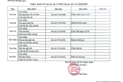 Thực đơn ăn bán trú từ ngày 10/11/2025 đến ngày 29/11/2025