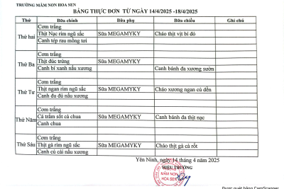 Thực đơn ăn bán trú từ ngày 14/4/2025-18/4/2025
