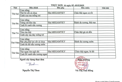 Thực đơn ăn bán trú từ ngày 5/5/2025-9/5/2025